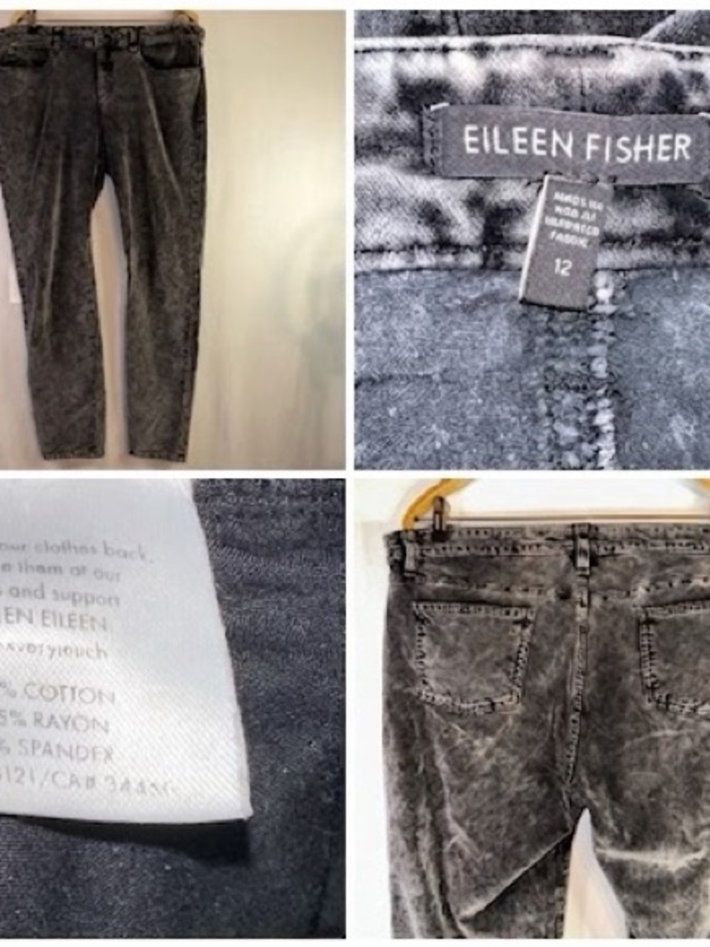 Eileen Fisher Jeans Women's 12 Black Gray Soft Crushed Velvet Mineral Wash